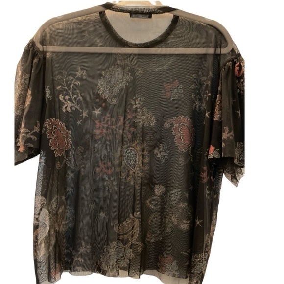 ZARA top, black sheer floral, size small.  Flutter sleeves, raw hems. Scoop neck - Picture 2 of 7